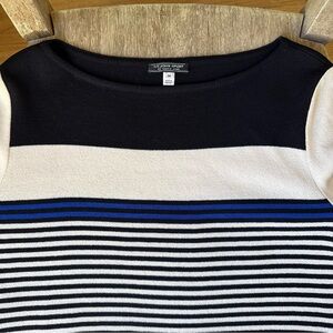St. John Sport Marie Gray Sweater M Striped Knit Boat Neck Blue Black Cream